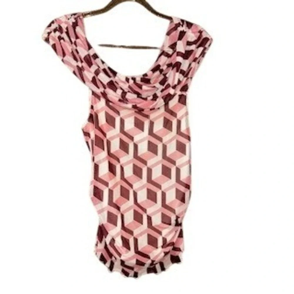 Bold Elements Pink Geometric Geo Print Cowl‎ Neck Ruched Top XS